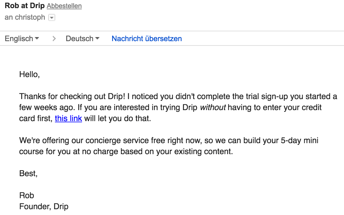 GetDrip.com Signup Abandonment Email no credit card